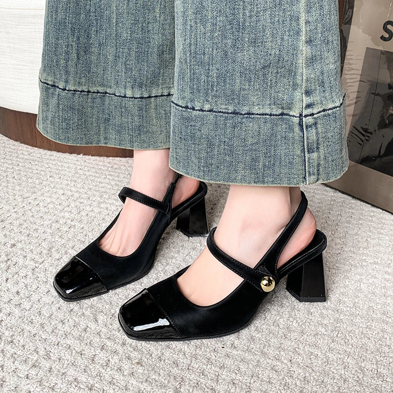 Summer Genuine Leather Toe Block Heel Mary Jane Shoes Women's High Heels Fashion Women's Shoes Comfortable and Elegant Sandals