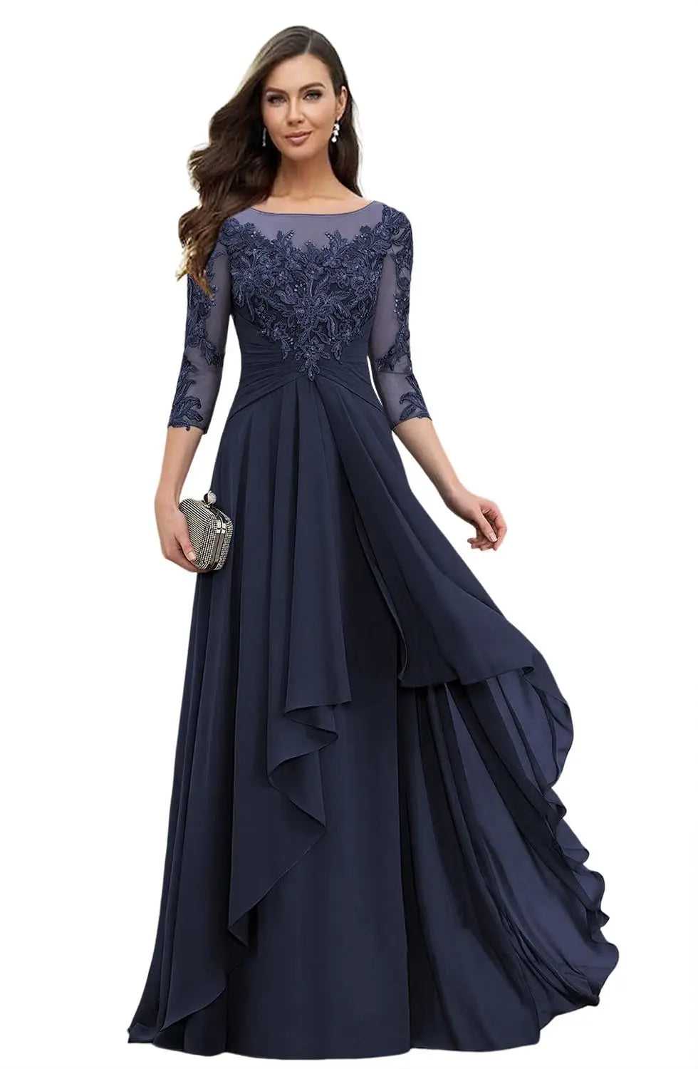 Women's Elegant Lace Mother of The Bride Dresses Scoop Neck Chiffon Ruffles Formal Evening Gowns A-Line Wedding Guest Gowns