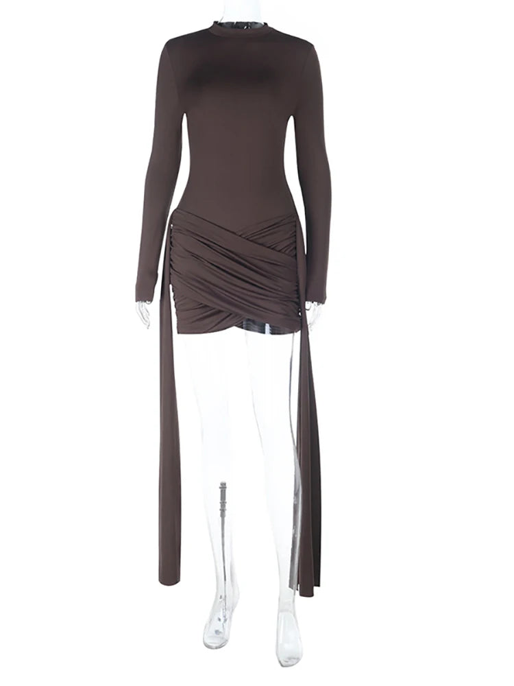 JULISSA MO Knitted Turtleneck Ribbons Ruched Women Dress Brown Long Sleeve High Waist Dress Autumn Slim Elegant Party Club Dress