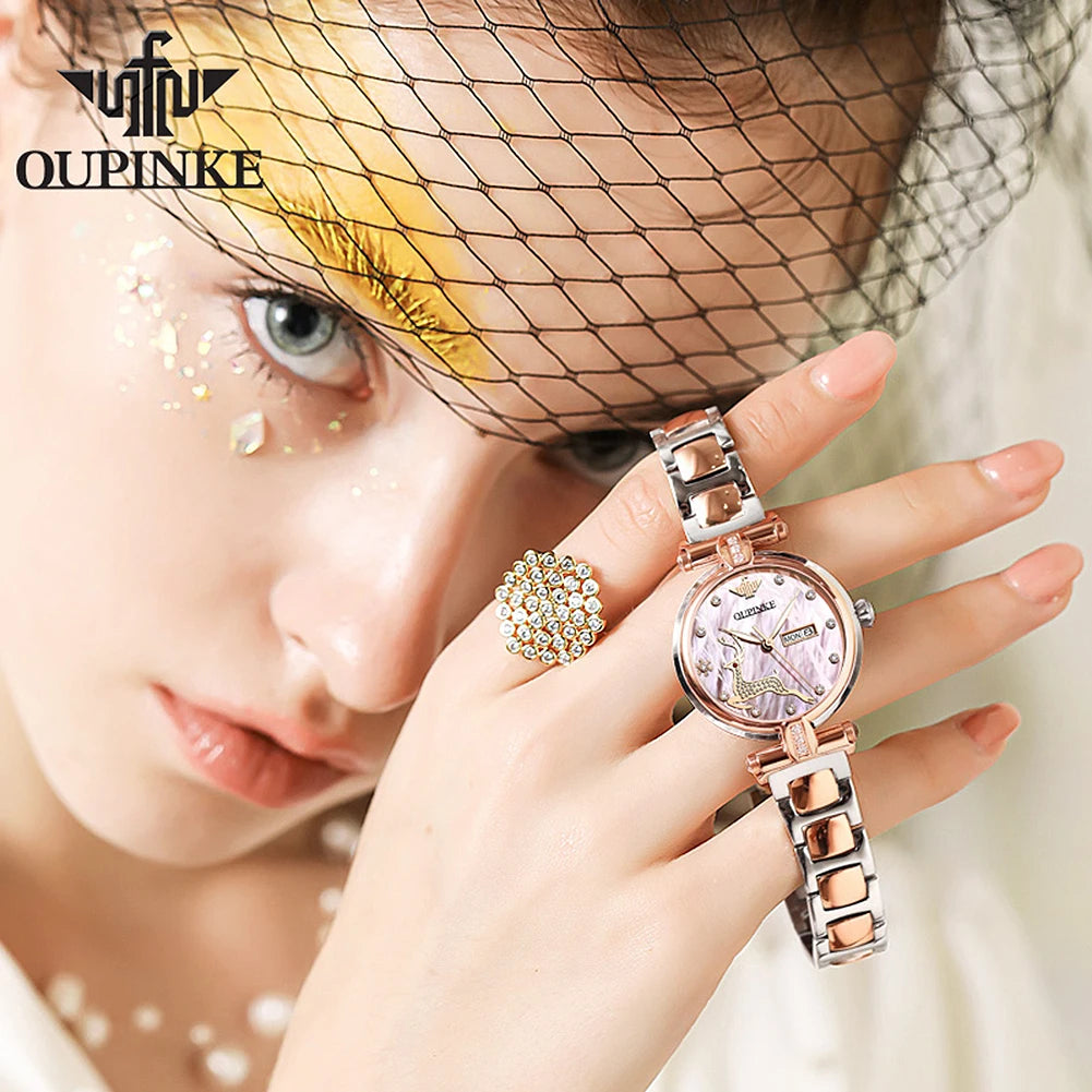 OUPINKE A3180 Women Watch Luxury Brand Automatic Mechanical Watch Tungsten Steel Watchstrap Waterproof Day-Date Watch With Box