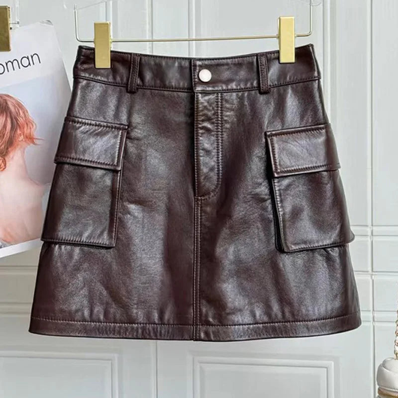2025 Autumn/Winter New Genuine Leather Skirt for Women High Waist Side Pocket Slim Look Head Layer Sheepskin A-line Mini Jupe