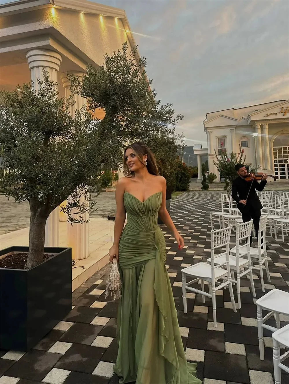 Cathy Customize Olive Green Pleated Chiffon Prom Dress V Neck Lace-up vestidos de noiva Floor-length Sheath Evening Dresses 2025