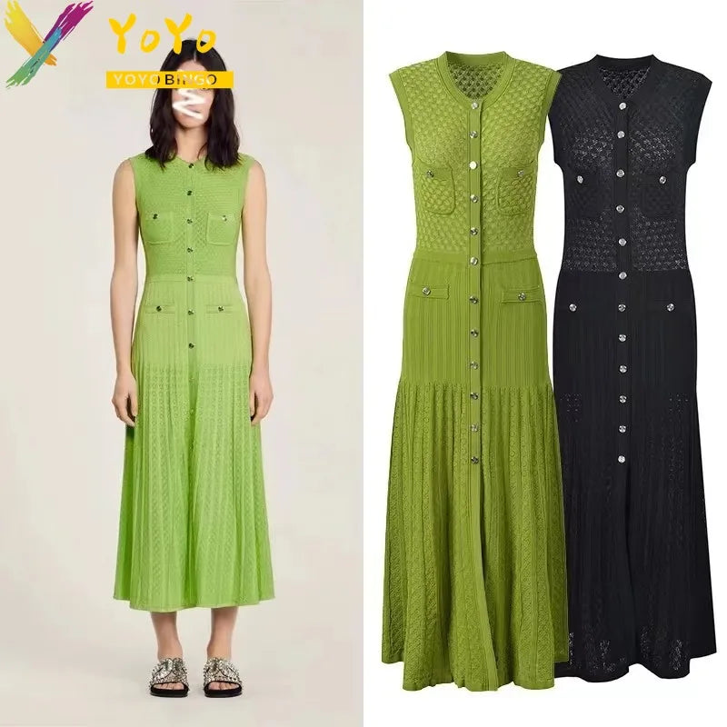 Elegant Formal Knit Black/Green V-neck Sleeveless Button Split Dress New Fashion temperament Slim Fit Chic Work Sweater Dress