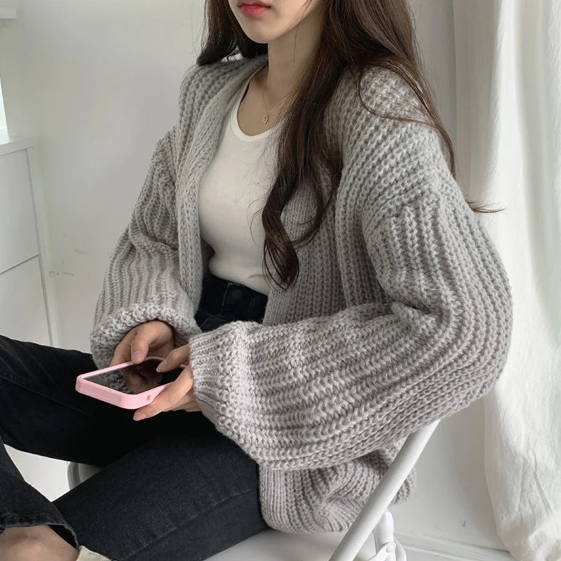 Casual Knitted Cardigan Sweater Women Autumn Fashion Korean Harajuku Lantern Sleeve Tops Looose Coat Lazy Wind Y2k Sweater 23328
