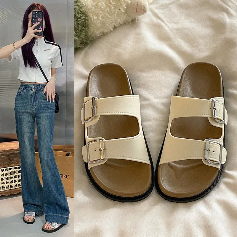 2025 New Style Summer Woman Elegant Fashionable Slippers Metal Buckles Comfortable High Quality Sandals Women's Shoes