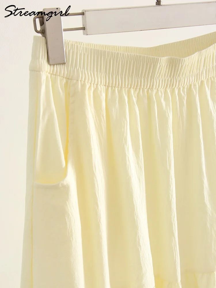 White Long Cake Skirt Women Summer Loose Yellow Skirts Ruffles Female High Waist Lazy Cake Midi Skirts With Pockets A Line Pink