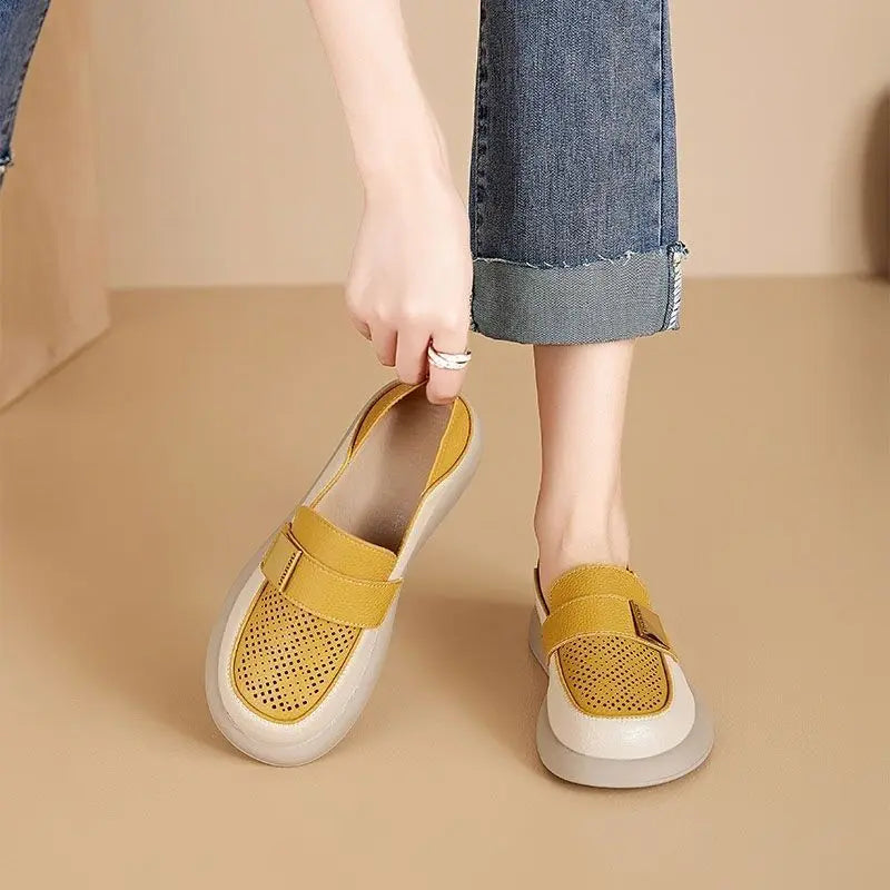 Summer Hollow Slip-on Ladies Footwear Cheap Liquidation Wholesale Casual Popular 39 Round Toe Leather Women's Flat Loafers Shoes