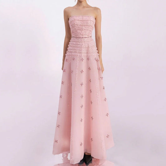 Customized Strapless Simple Crystal Chiffon Women's Evening Dress Backless Draped Party Dress A-line Ankle Length Prom Gown