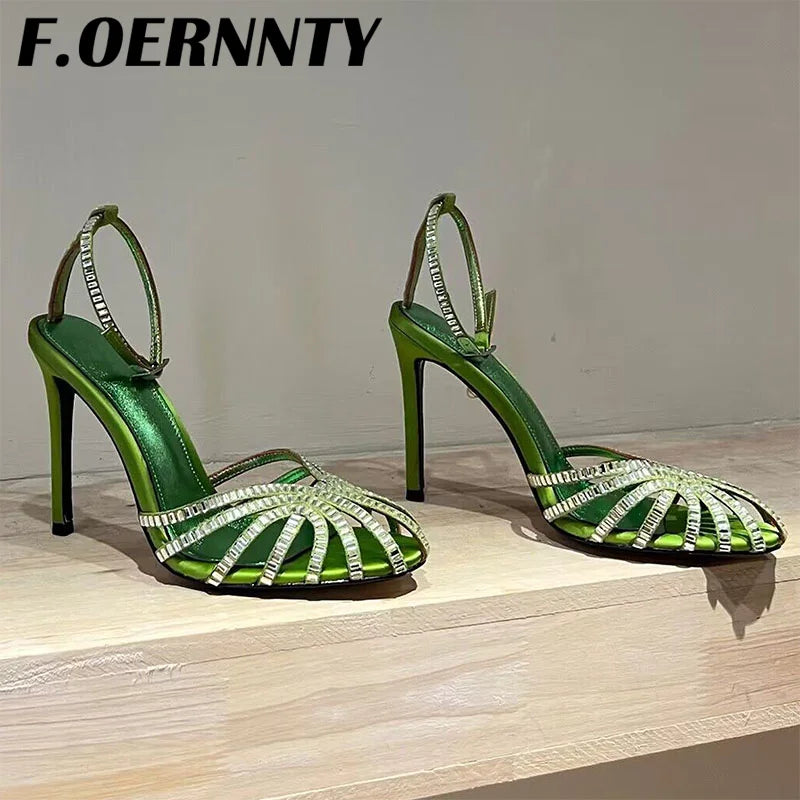 Summer New Rhinestone Closed Toe Runway Sandals Women Weave Hollow Stiletto Sandals Sexy Ankle Strap Crystal Sandals Women