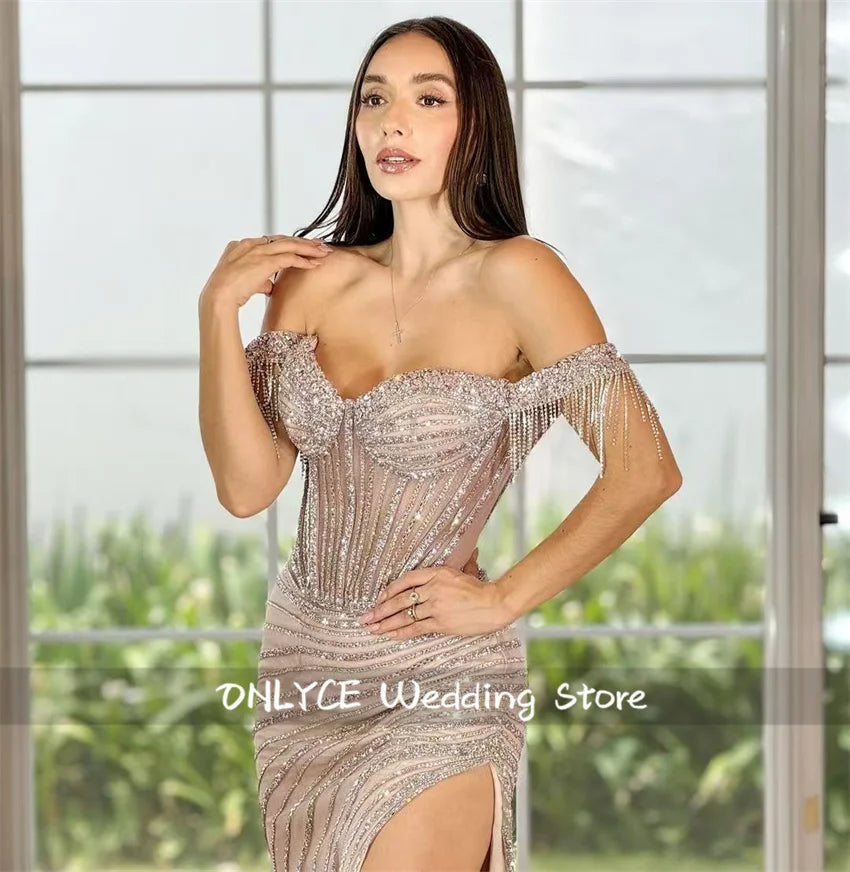 Charming Black Sequins Evening Dress Side Split Crystals Rhinestones Beads Tassels Prom Dress 2024 Wedding Party Customized