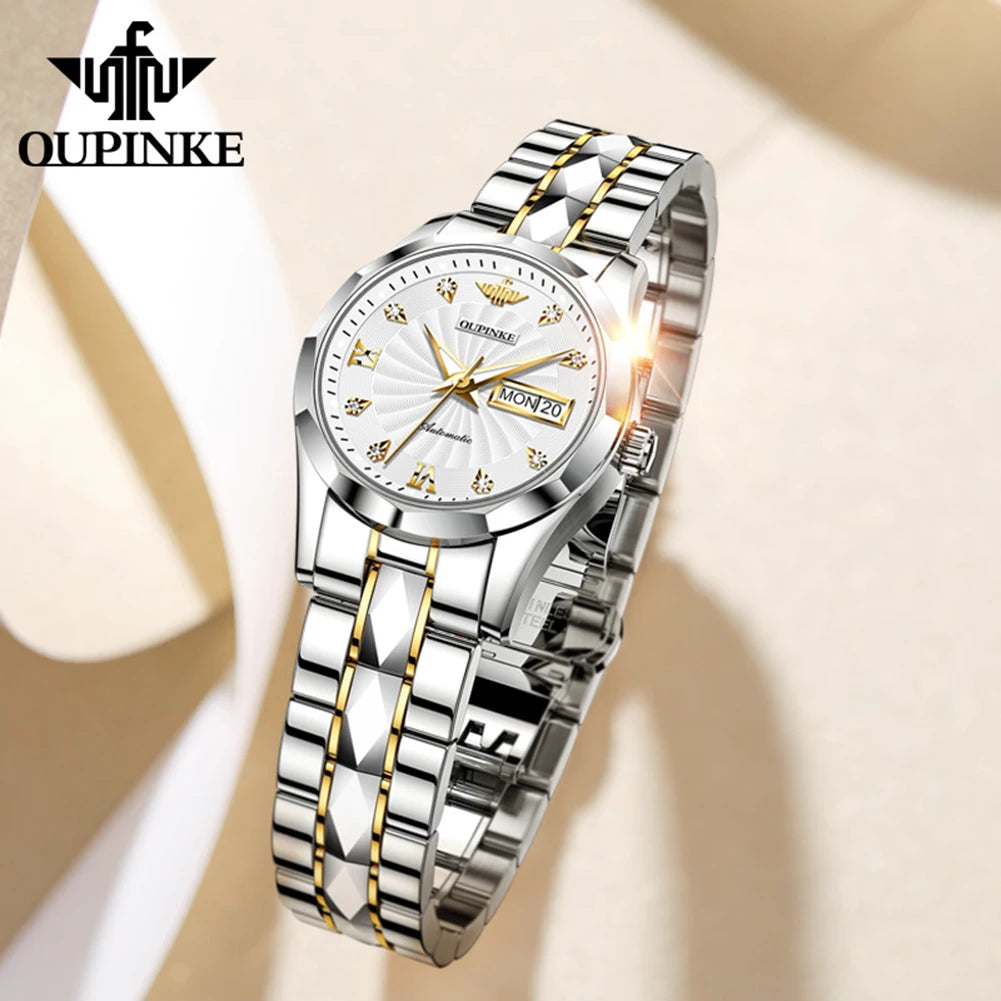 OUPINKE 3169 Women's Mechanical Watch Set Diamond Scale Whirlwind Dial Japan Movement Automatic Wristwatch Elegant Ladies Watch