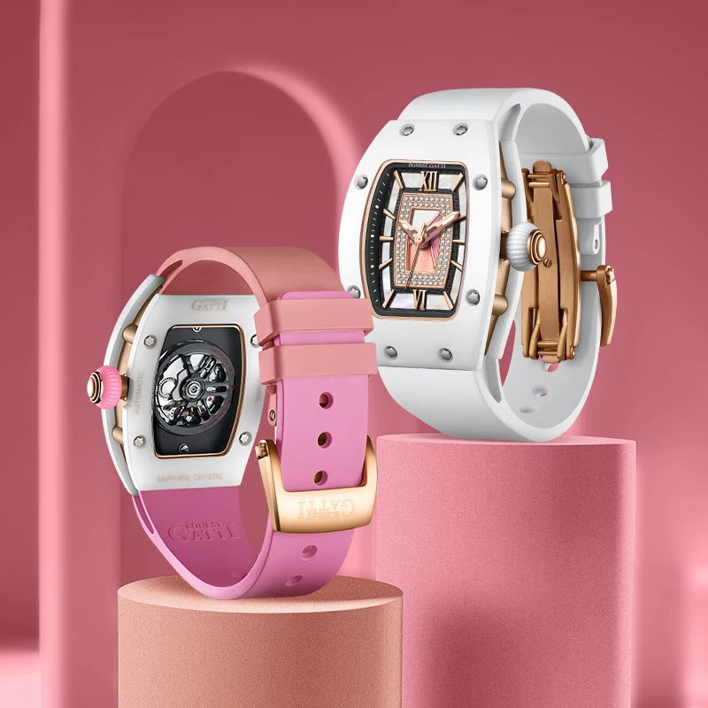 BONEST GATTI Automatic Watch Luxury Lady Watches Tonneau Mechanical Wristwatch Rubber Strap Butterfly Clasp Watches For Women