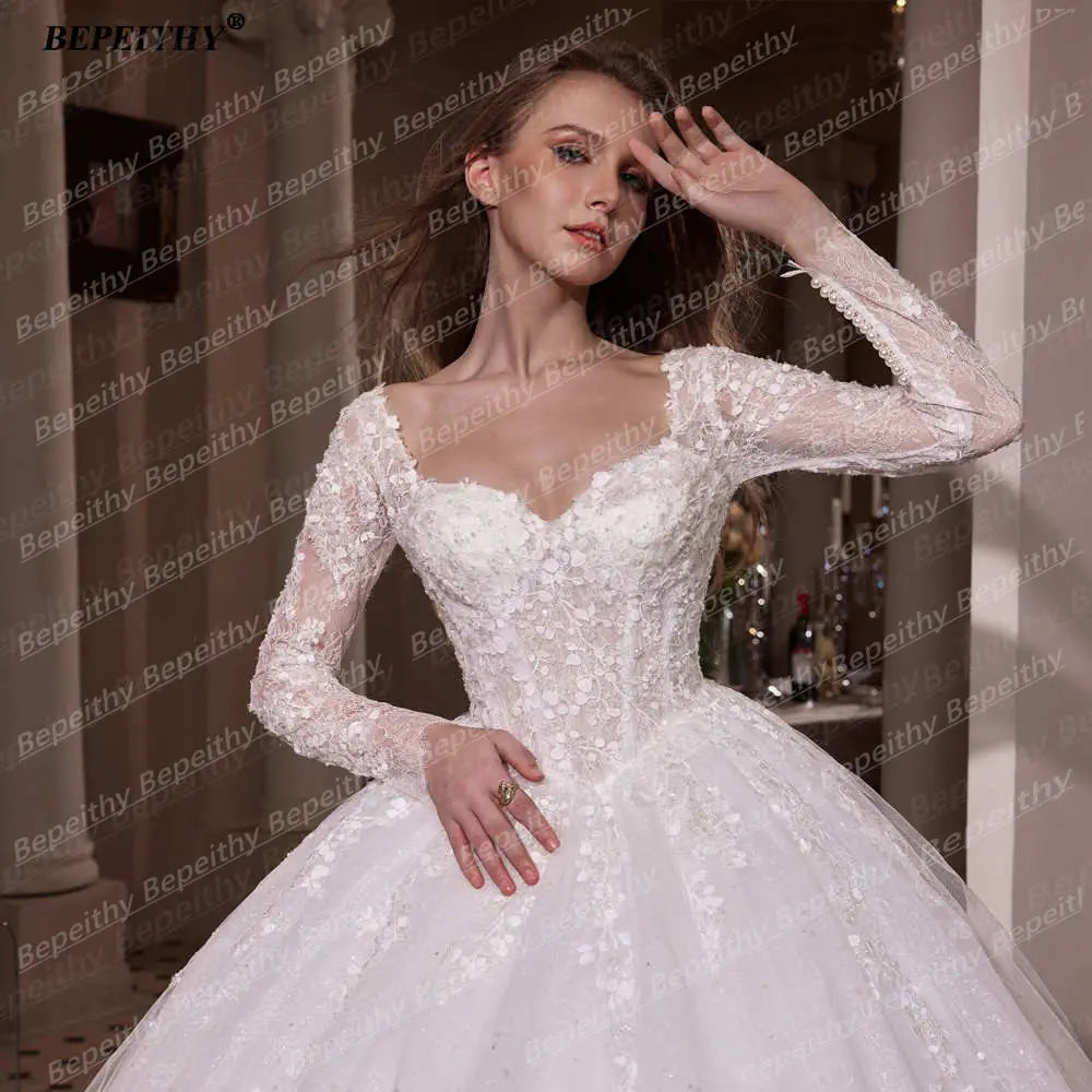 BEPEITHY Customized Princess Glitter Ivory Wedding Dresses Women Full Sleeves Lace Ball Bridal Gown Court Train 2025 Sweetheart