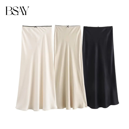 BSAY Women Fashion 2024 Spring New Satin Texture Bow Decoration Vintage Chic Female High Waist H Line Long Skirts Mujer