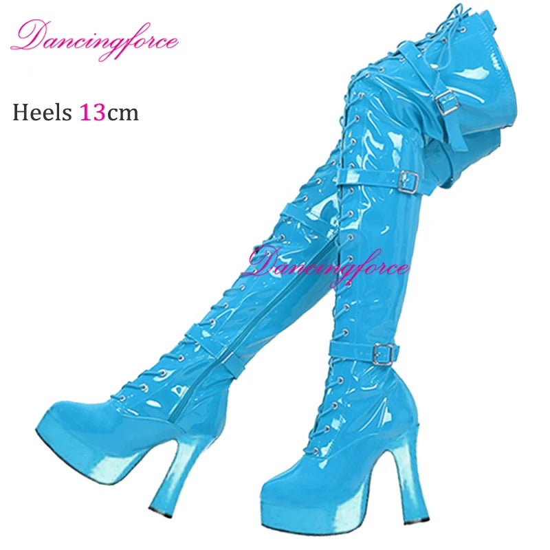 Sexy Green 13cm Chunky Heels Over Knee Boots 3 Buckles Belts Thick Platform Nightclub Party Dance Thigh High Long Boots Women