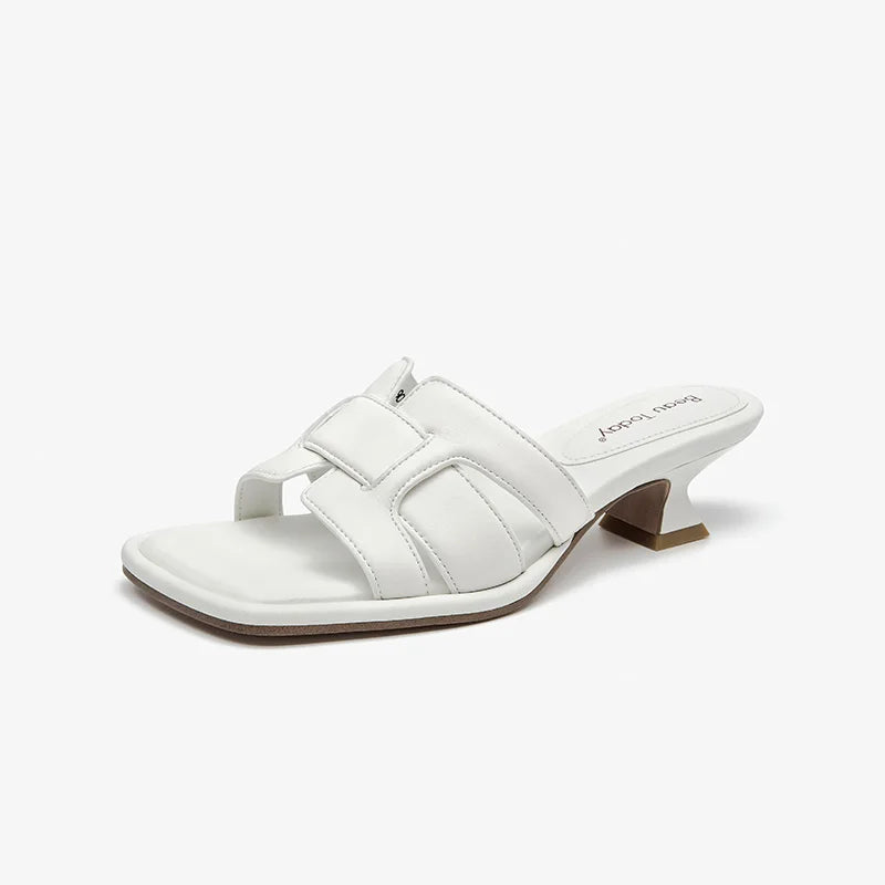 BEAUTODAY Roman Slippers Women Genuine Leather Woven Square Toe Slip-on Flats Outdoors Ladies Mid Heel Shoes Handmade 35111