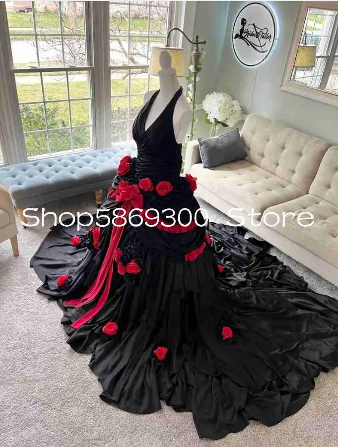 Black and Red Gothic Wedding Dresses Halter Victorian Lace-up Corset 3D Floral Fairytale Magic Bridal Gown Customsized