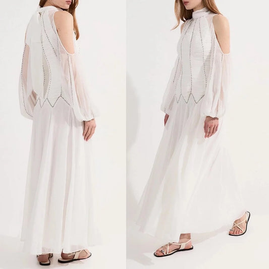 Customized Modern Style Sexy Chiffon Pleat Ruched Rhinestone A-line High Collar Midi Dresses Bespoke Occasion Dresses Fashion