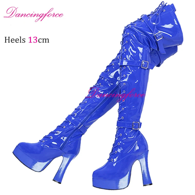 Sexy Green 13cm Chunky Heels Over Knee Boots 3 Buckles Belts Thick Platform Nightclub Party Dance Thigh High Long Boots Women