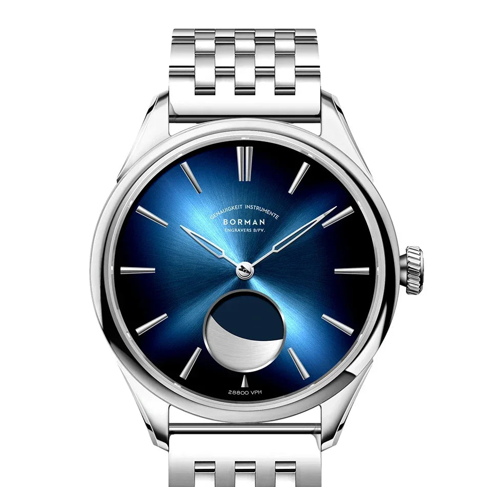 BORMAN Stainless Steel Men Mechanical Watch Power Reserve 80Hour Moon Phase Automatic Watch Sapphire Glass Waterproof 50M Watch