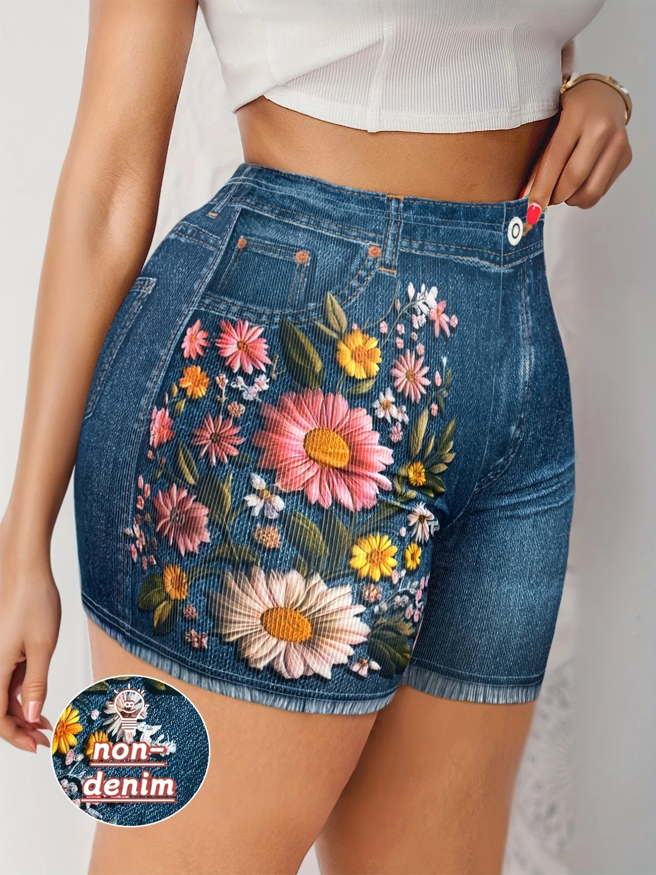 Women's Stretch Denim Like Shorts with Floral Print Design Casual  Versatile Summer Style