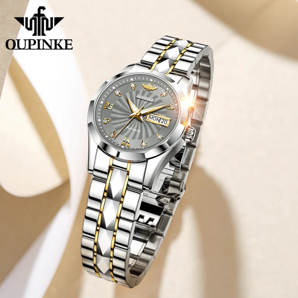 OUPINKE 3169 Women's Mechanical Watch Set Diamond Scale Whirlwind Dial Japan Movement Automatic Wristwatch Elegant Ladies Watch
