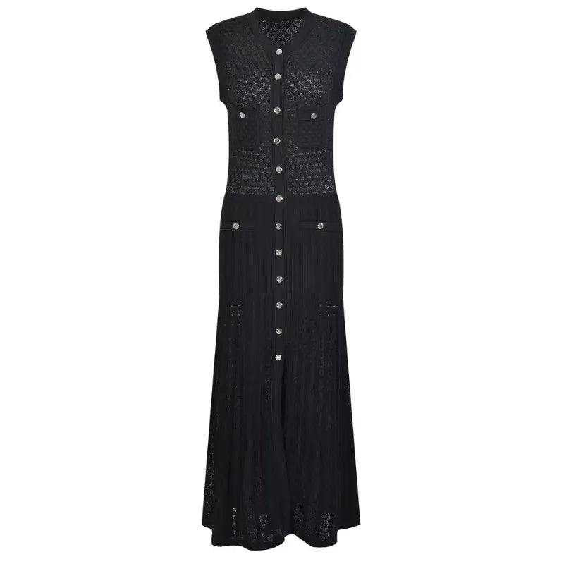 Elegant Formal Knit Black/Green V-neck Sleeveless Button Split Dress New Fashion temperament Slim Fit Chic Work Sweater Dress