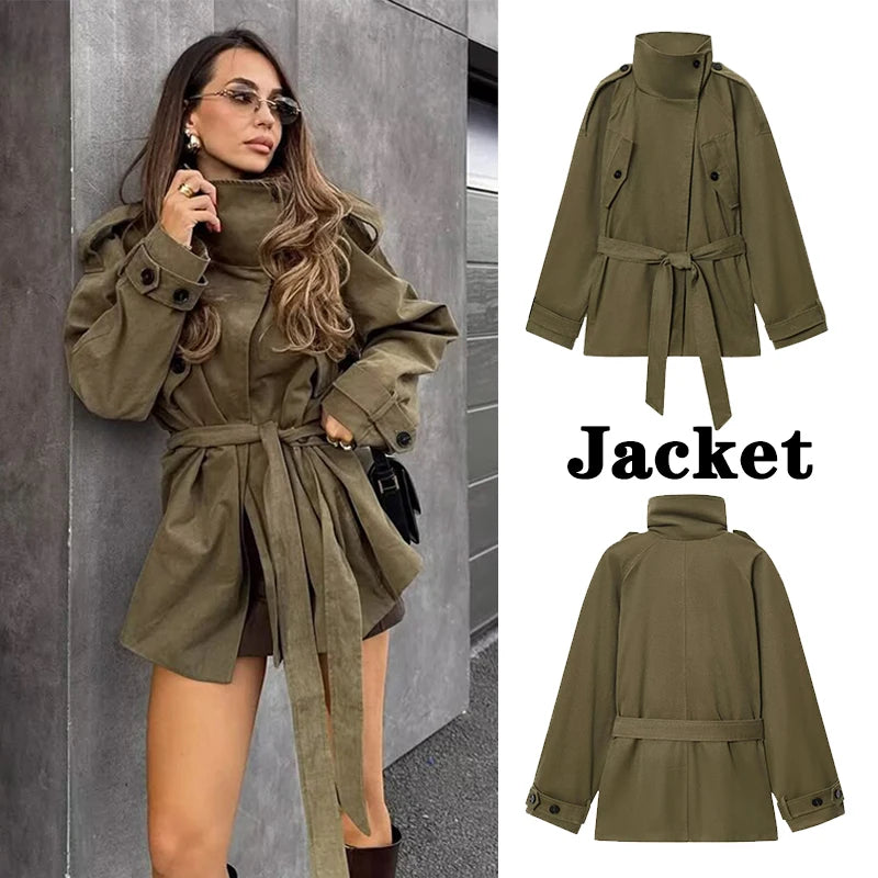 Women's Jacket Long Sleeve Button With Belt Jackets for Women 2025 High Street Short Coats Lady Autumn Winter New Outerwears