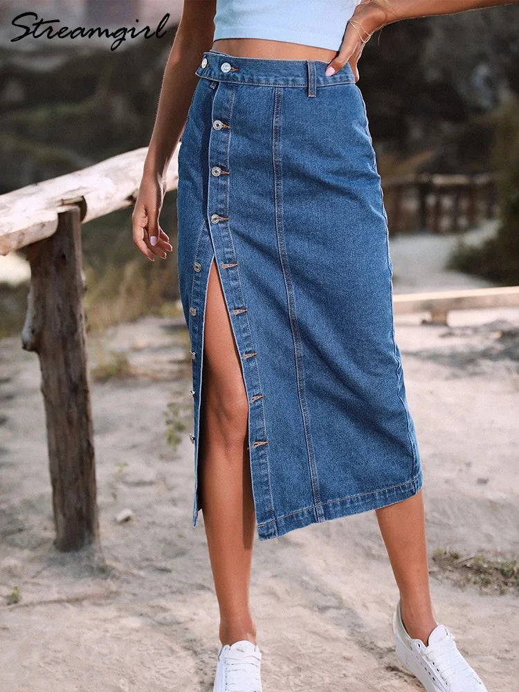 Women Midi Denim Skirt High Waist Summer Long Black Button Jeans Skirt Woman Casual A Line Slit Maxi Denim Skirts For Women