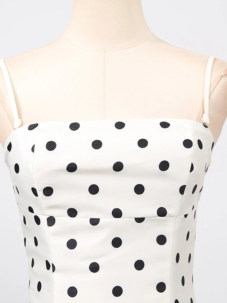 Sexy Spaghetti Strap Polka Dots A-line Dress Women Sleeveless Square Neck High Waist Long Dresses Elegant Evening Party Gowns