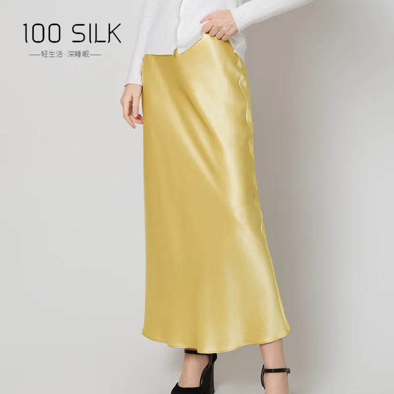 BirdTree, 22MM 100%Real Silk Elegant Skirt, Women Elastic Waist Satin, High Quality Fashion Skirt, 2024 Summer Fall B47024QM