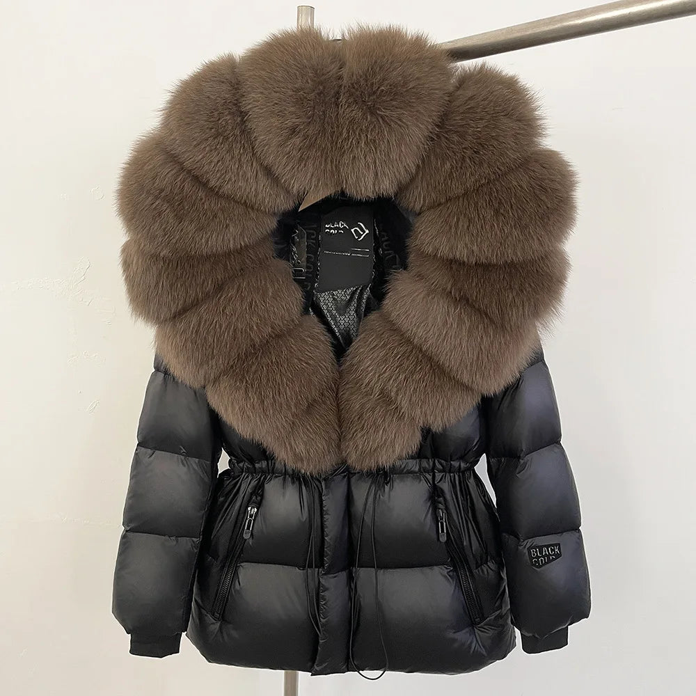 ZMEENNA Women's Black Puffer Down Jacket With Oversized Real Fur Hood Winter Warm Coat Luxurious Quilted Outerwear ZM3375