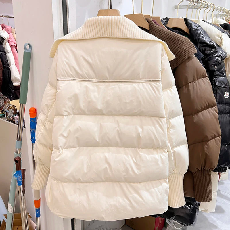 Winter Thick Mid Long Cow Horn Buckle Jacket Women Fashion White Duck Down Parka Outwear Female Large Lapel Loose Down Jacket