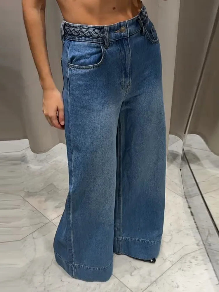 Braided Twist Jeans Woman Low Waist Full Length Loose Wide Leg Trousers Female 2025 Spring Summer New Fashion Street Denim Pants