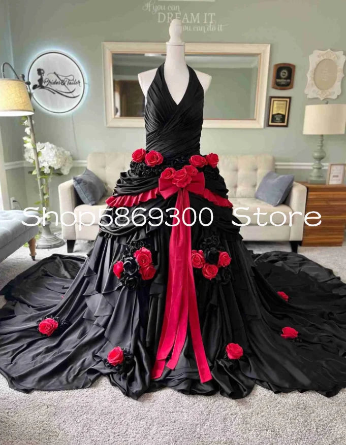 Black and Red Gothic Wedding Dresses Halter Victorian Lace-up Corset 3D Floral Fairytale Magic Bridal Gown Customsized