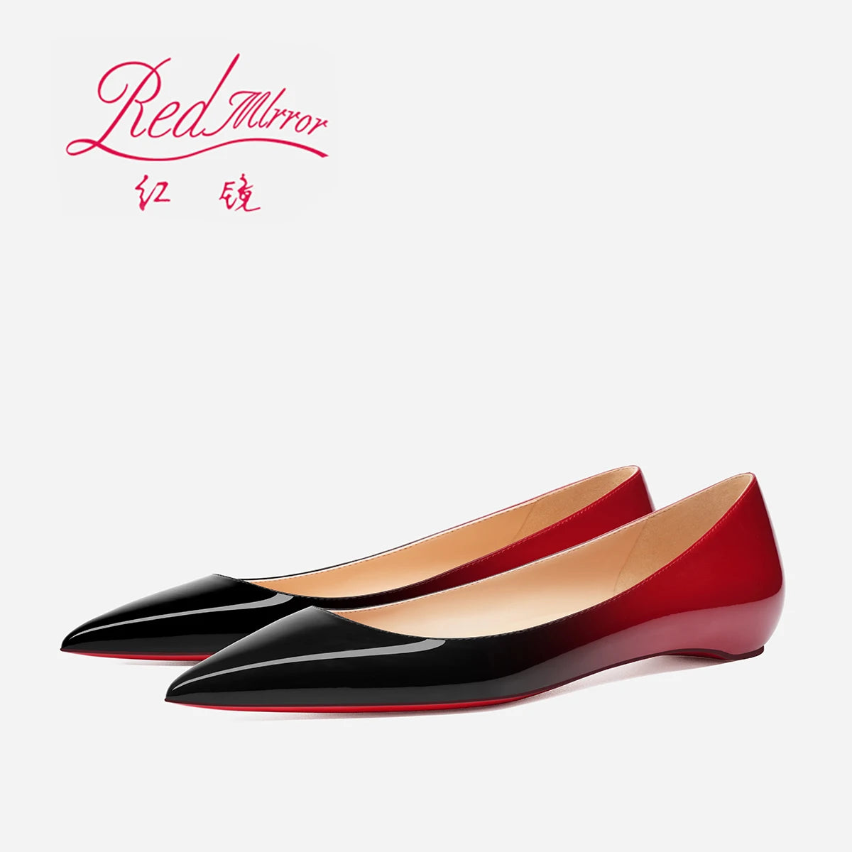 2025 New Style Pointed Bare Red Sole Flat Shoes Single Shoes Women's Lacquer Leather Inner Heightening Shallow Mouth Low Heels