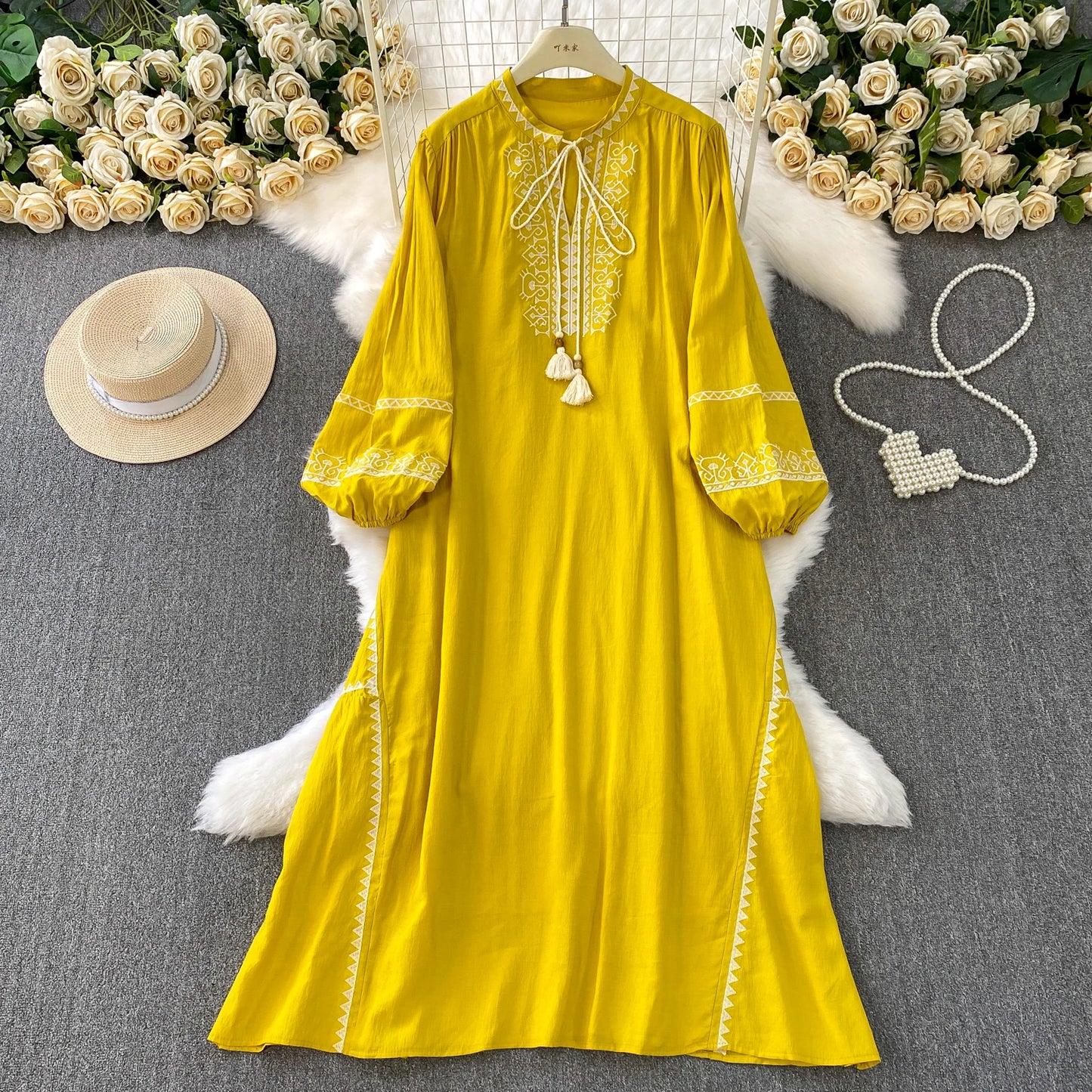 Blue Heavy Embroidery Gentle Wind Long Dr Women's Loose Lantern Sve Stand Collar Spring Autumn Faion plus Size Dr