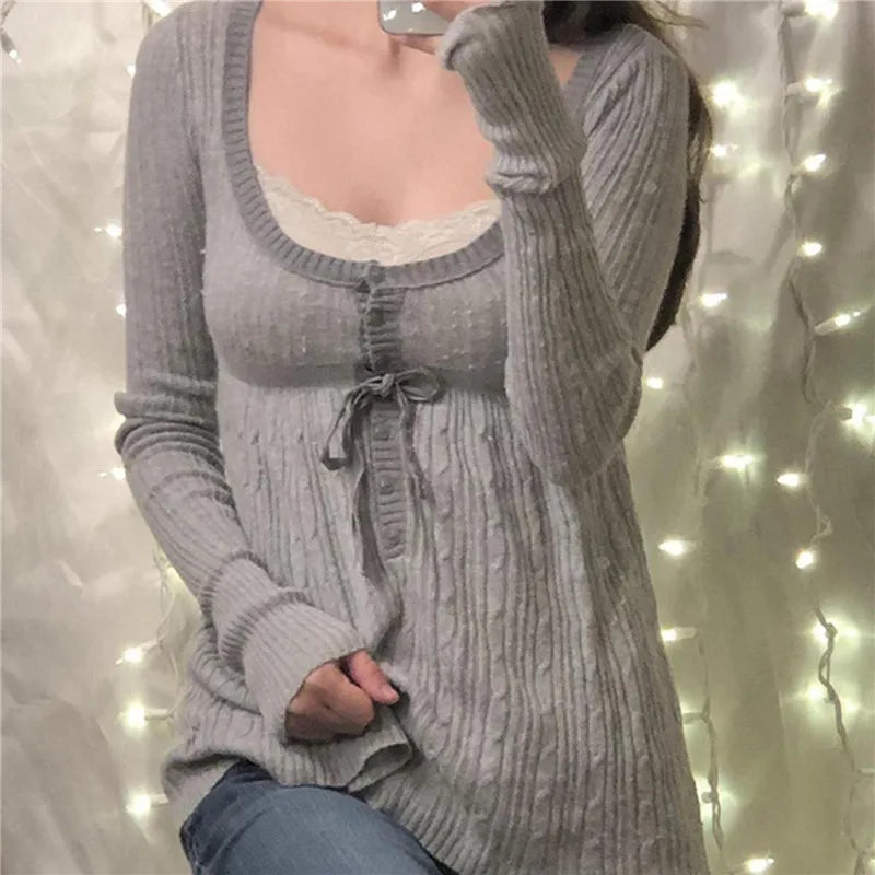 Women Y2K Fairy Grunge Long Sleeve Sweater Aesthetic Button Up Babydoll Knit Tops Square Neck Harajuku Tunic Knitwear