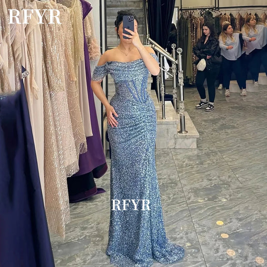 RFYR Shiny Evening Dresses Glitter Prom Dress Off Shoulder Party Dress Sexy فساتين مناسبة رسمية for Arabic Wome
