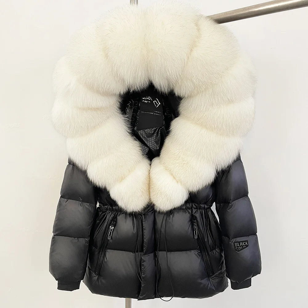 ZMEENNA Women's Black Puffer Down Jacket With Oversized Real Fur Hood Winter Warm Coat Luxurious Quilted Outerwear ZM3375