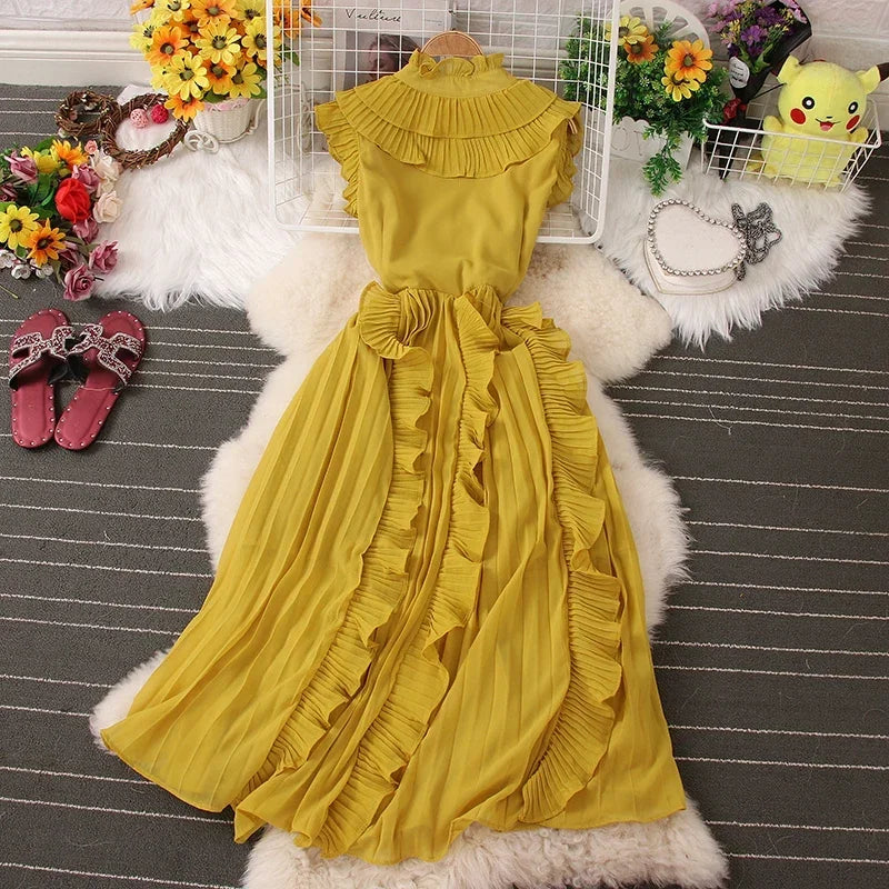 Sweet Ruffles Skinny Dresses Spring Casual Sleeveless V-neck Elastic High Waist Pleated Femme Vestidos Chic Solid Colours Dress
