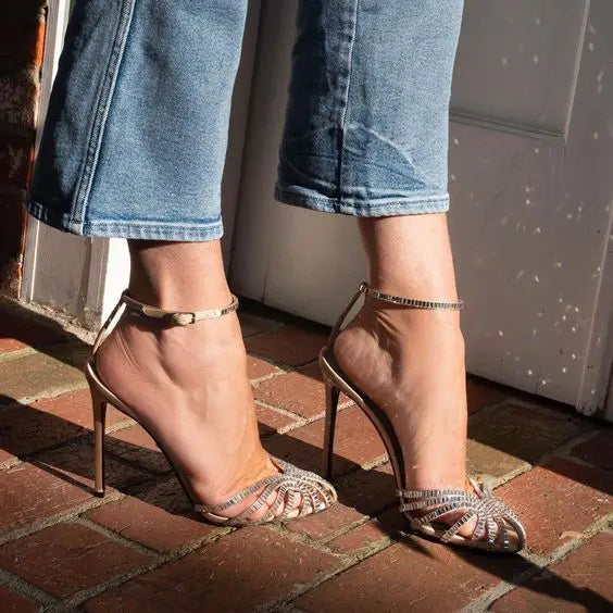 Bling Bling Crystal Embellished Satin Sandals Round Toe Cutouts Ankle Strap Sexy Party Weding Heels