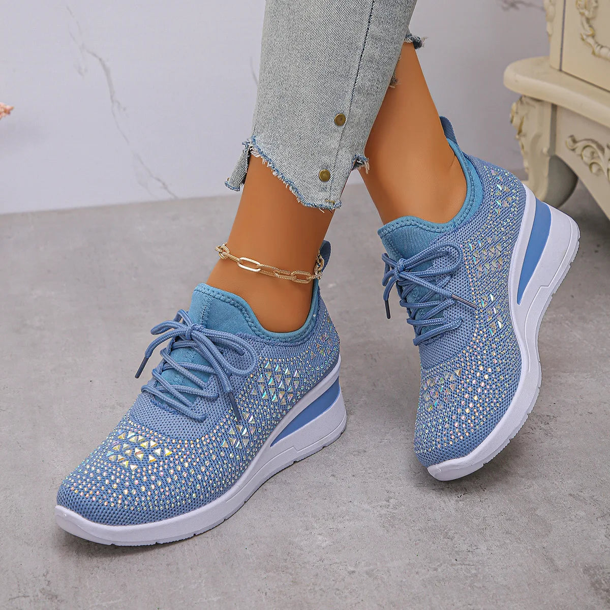 Women's Sneakers Shiny Rhinestone Wedge  Breathable Knit Non Slip Walking Shoes Woman Plus Size Fashion Thick Sole White Sneaker
