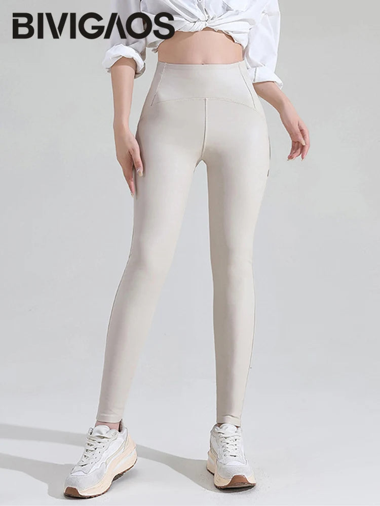BIVIGAOS Women Spring Autumn Fleece Matte PU Leather Pants Leggings Elastic Slim Skinny Leggings Windproof Warm Sexy Legging