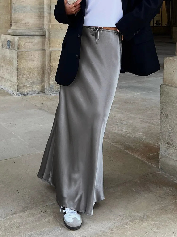 High Waist Long Satin Skirts For Women Spring 2025 Black High Quality Women's Drawstring Gray Satin Long Skirt Mermaid Beige