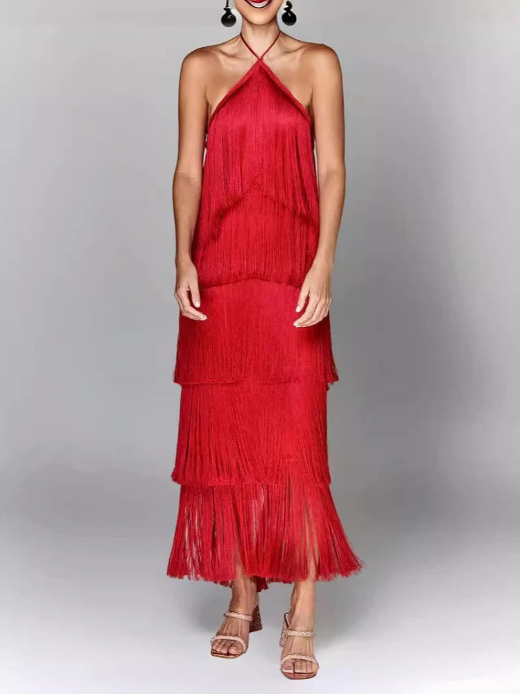 Chic Lady Night Party Robe Sexy Metallic Color Tassel Halter Lace Up Dress Elegant Backless Sleeveless Layered Slim Dresses