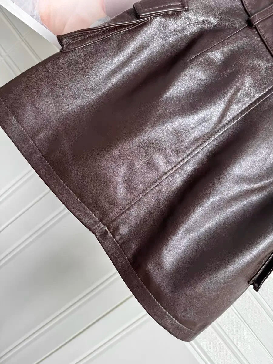 2025 Autumn/Winter New Genuine Leather Skirt for Women High Waist Side Pocket Slim Look Head Layer Sheepskin A-line Mini Jupe