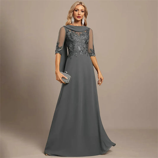 Customized Elegant Lace Applique A Line Mother Of Bride Dresses With Scarf Women's Half Sleeves Boat Neck Evening Prom Dresses