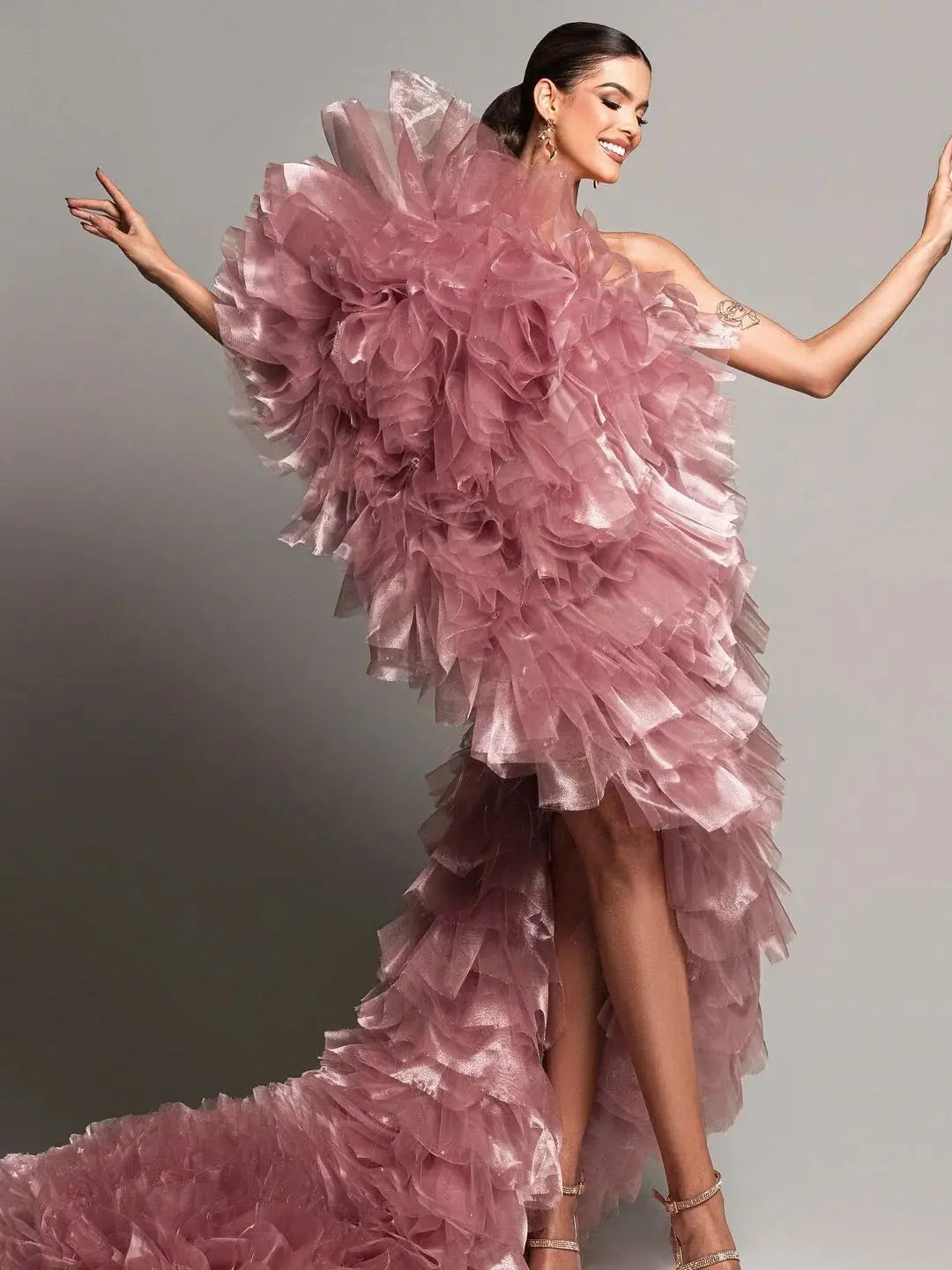 Beautiful Dusty Pink Organza Asymmetrical Women Dresses One Shoulder Layered Long Robe Matrnity Dress To Photoshoots