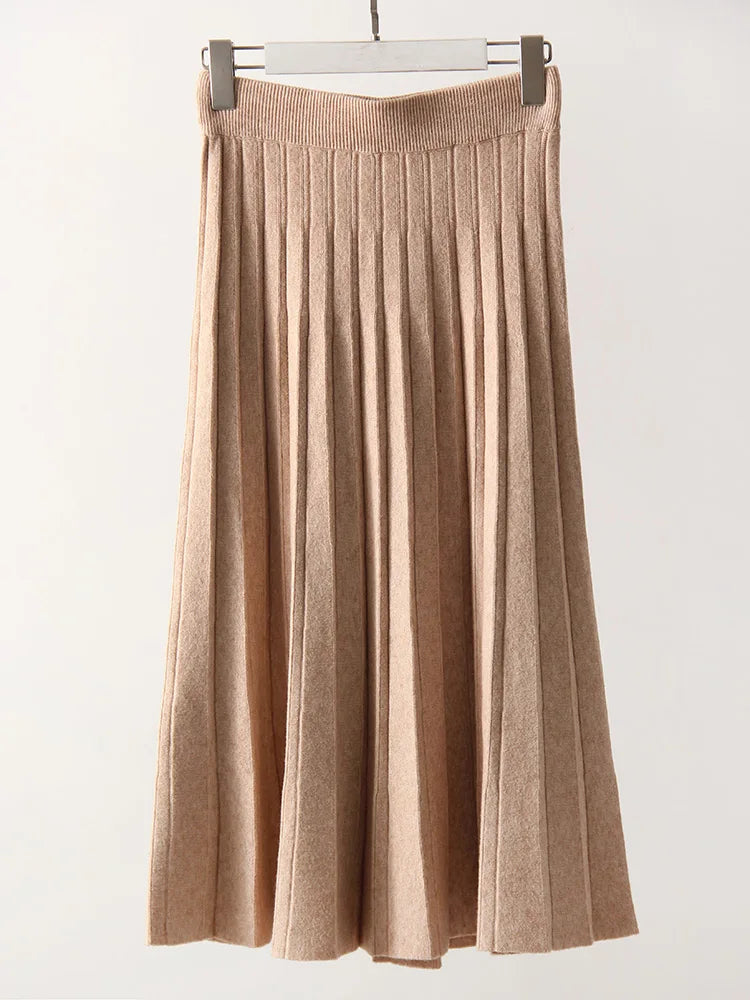 Women Pleated Knit Skirt Long Autumn Winter Elastic Waist White Maxi Skirts For Women Solid Gray Women's Knitted Long Skirt